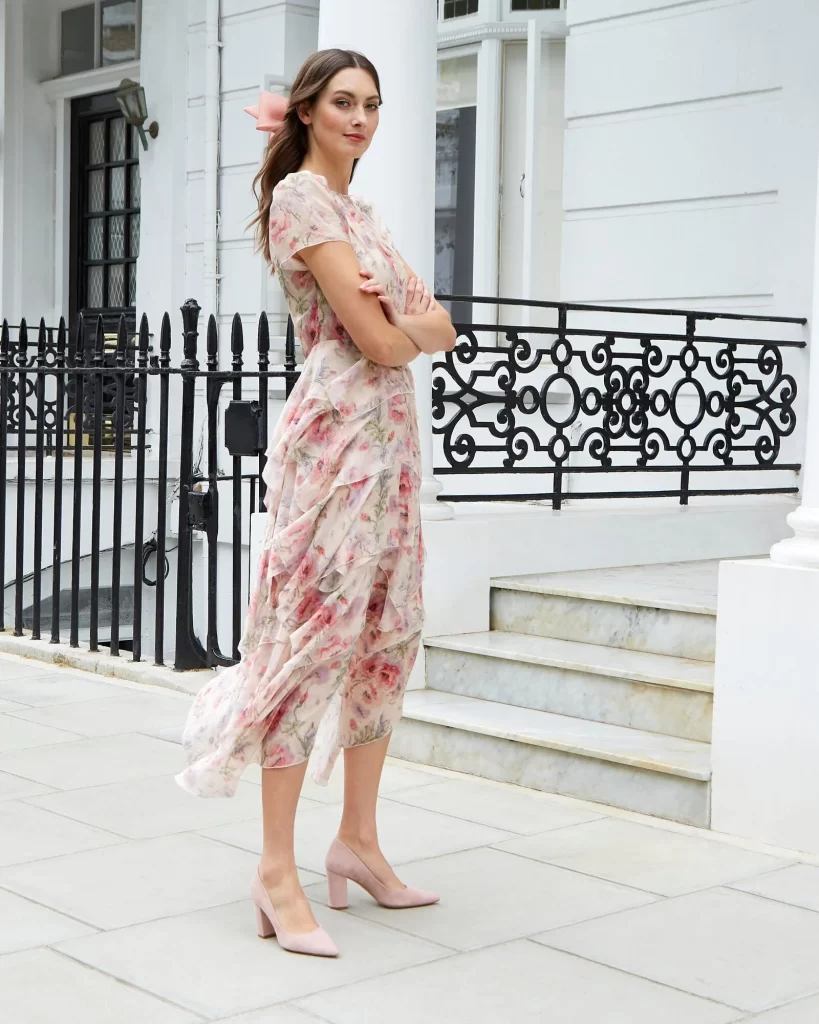 floral dress  with Block Heels 