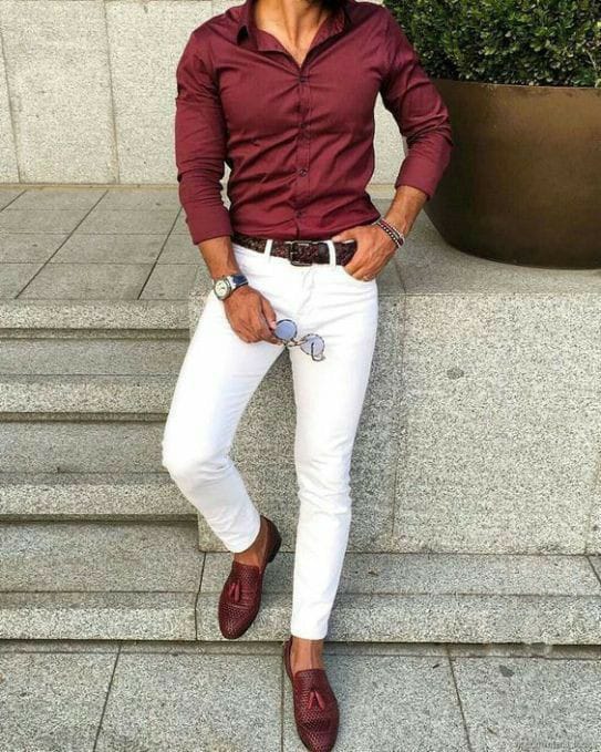 maroon with white pants 