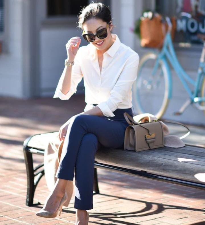 white with navy blue outfit