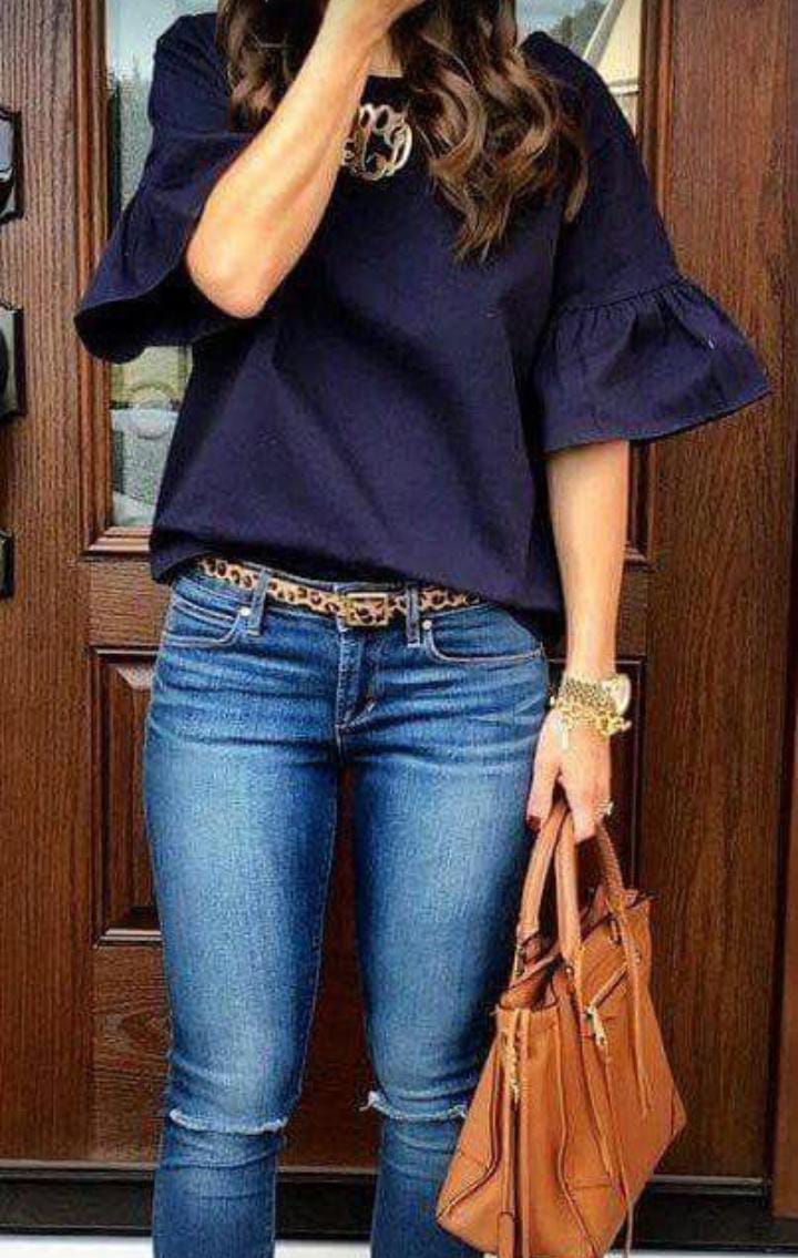 brown  with navy blue outfit