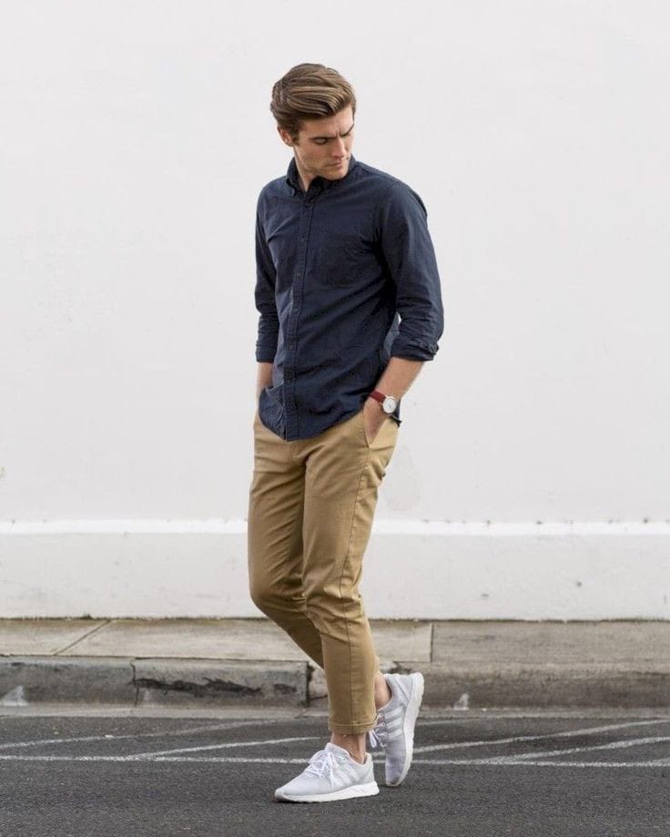 navy blue shirt with khaki pants