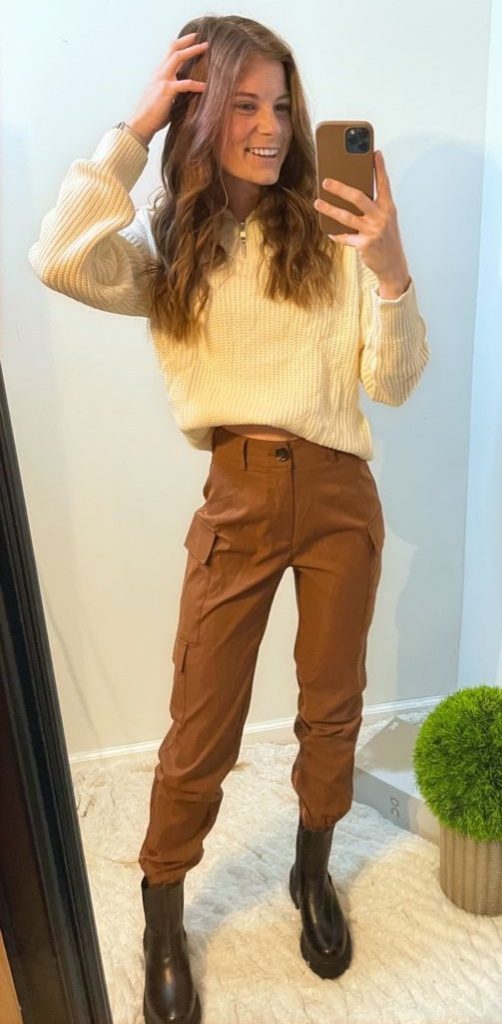 brown pants with sweater