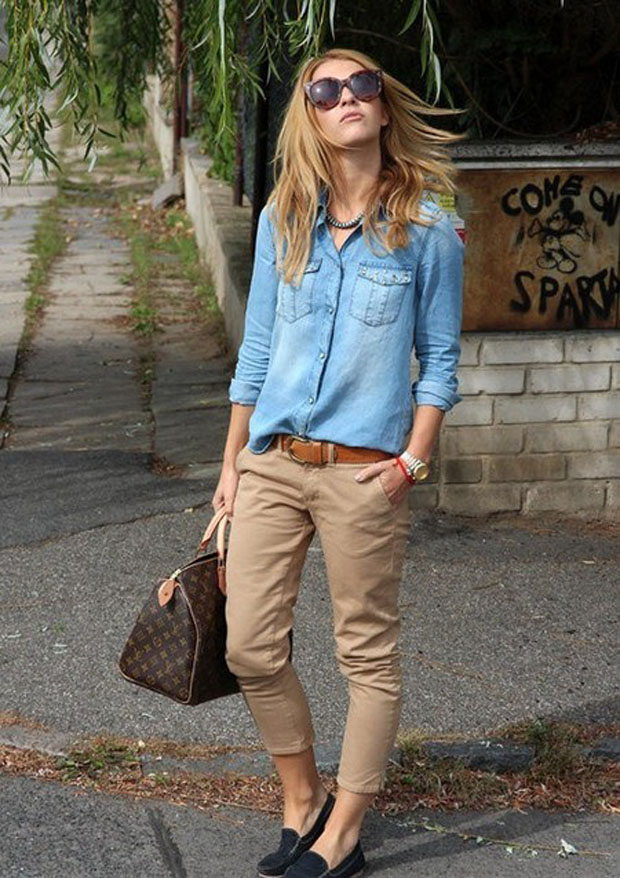 Styling Brown Pants in Multiple Ways:Denim shirt