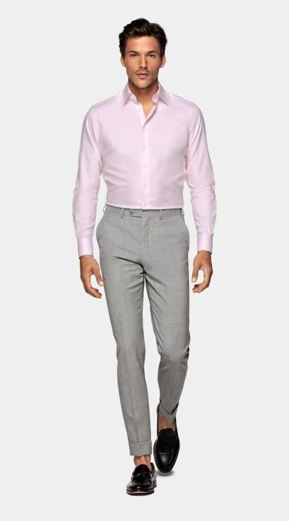 pink shirt with grey pants