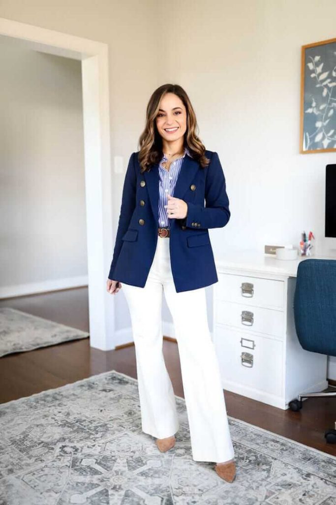  Layering navy blazer with white pant